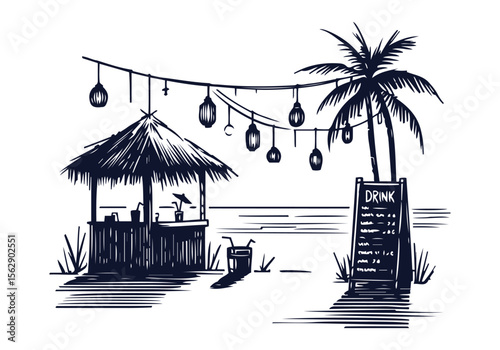 Beach scenery hand drawn sketch vector illustration