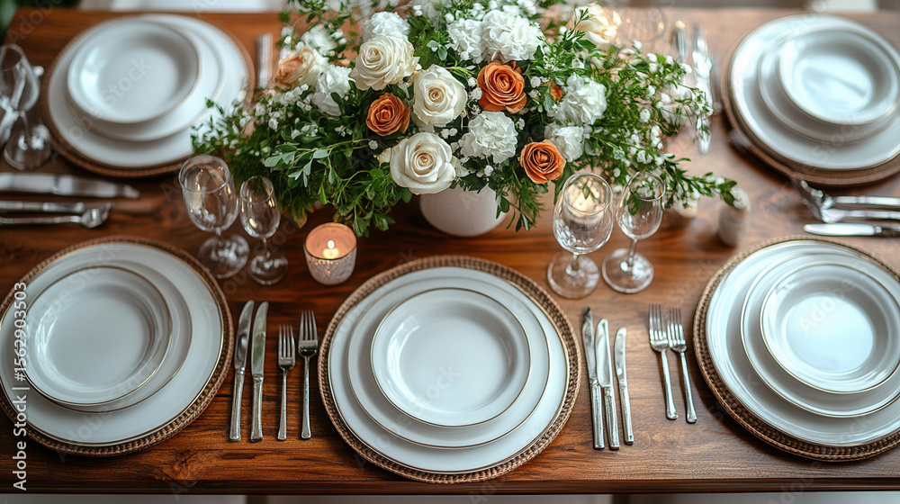 Flat lay of a rectangular dining table set for dinner, elegant plates and cutlery, chairs around, white background Flat lay of a rectangular dining table set for dinner, elegant plates and cutlery, chairs around, white background