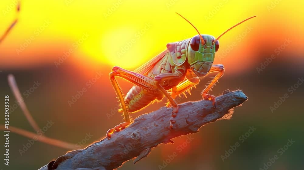 Colorful grasshopper resting during sunset light
