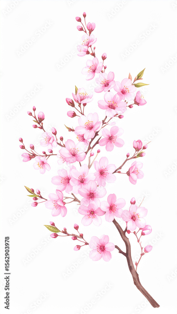Fototapeta premium Watercolor illustration of a flowering cherry blossom branch with delicate pink petals and brown branches against a white background.