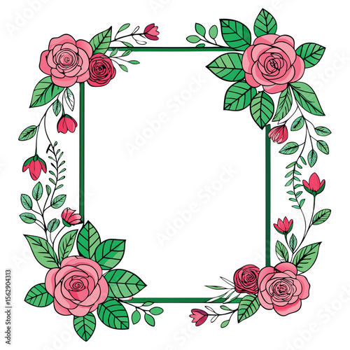 Rose flower frame hand drawn flat stylish cartoon sticker