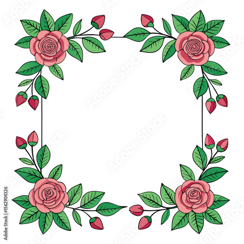 Rose flower frame hand drawn flat stylish cartoon sticker