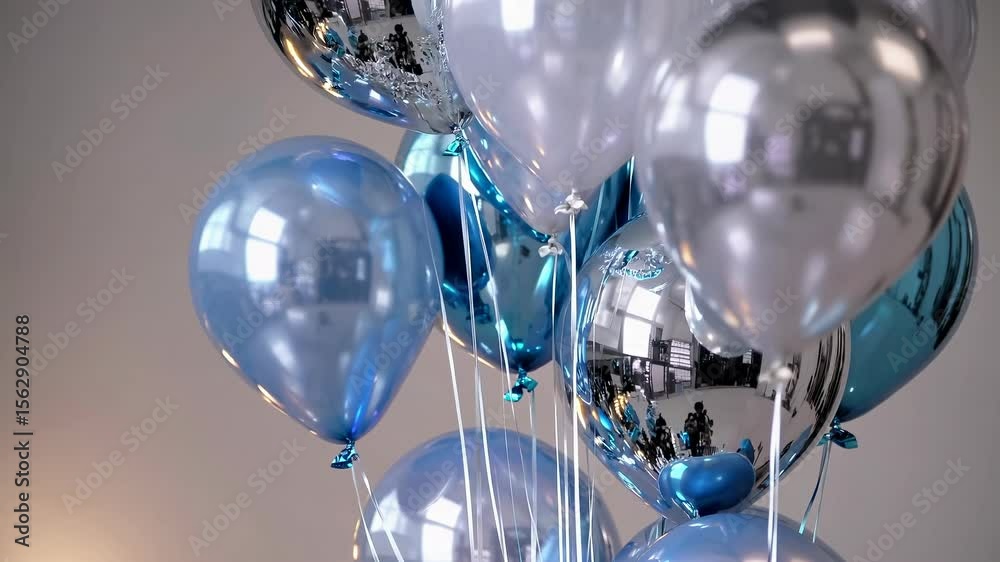 Balloons in shades of blue and silver float gracefully, adding a touch of elegance to the indoor venue during a special happy birthday celebration. Their glossy surfaces catch the light beautifully