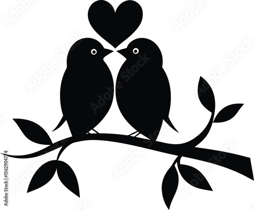 Two black silhouette birds perched on a branch with a heart above them symbolizing love