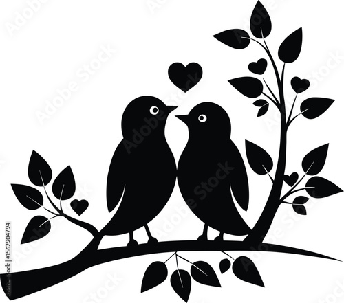 Two black silhouette birds perched on a branch with leaves and hearts in a romantic gesture