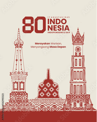 80th Indonesia Independence Day Poster with Traditional Landmark Line Art