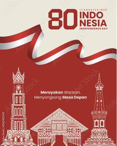 80th Indonesia Independence Day Celebration Poster with Landmark Illustration and Waving Flag Ribbon