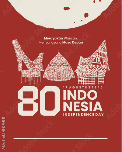 80th Indonesia Independence Day Poster with Traditional Landmark Line Art