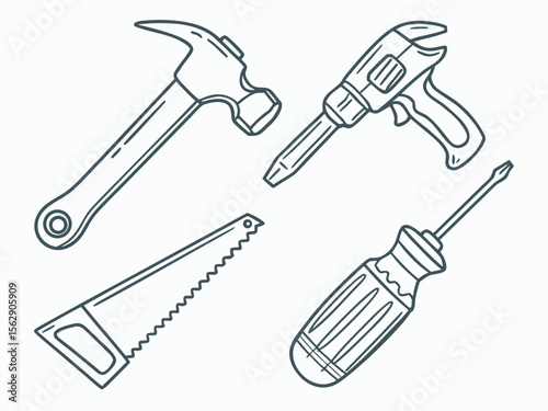 Illustration of a hammer, power drill, saw, and screwdriver arranged on a white background.