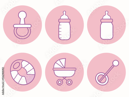 Simple line art icons depicting various baby items, including pacifiers, bottles, and a stroller.