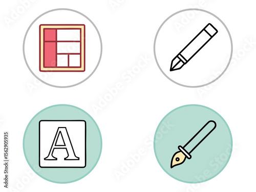 Four circular icons representing design and creative tools, outlined in black.
