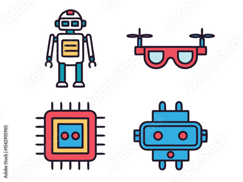 Colorful vector illustration of a robot, drone, and computer chip, and VR headset.