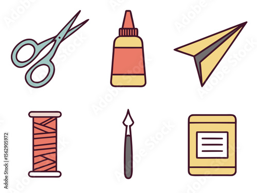 Crafting elements arranged: scissors, glue, paper airplane, spool, paintbrush, and container, all in a simple, stylized illustration.