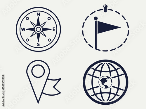 Set of four navigational icons: compass, flag, map pin, and globe.