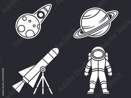 Space exploration icons: rocket launch, astronaut, moon, and ringed planet.