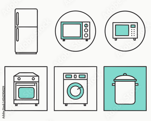 A collection of illustrated household appliances, presented with a clean and modern minimalist style.