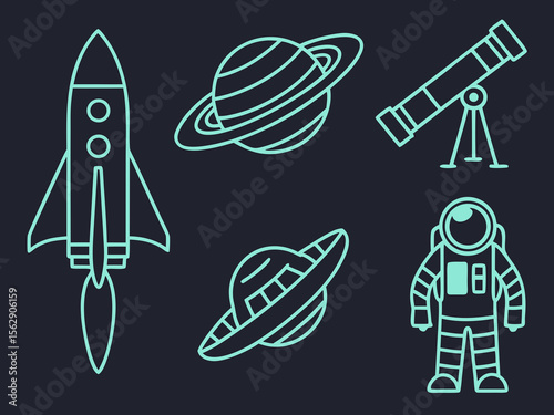 Graphic illustration featuring a rocket, planets, telescope, and astronaut in a minimalist, outlined style.