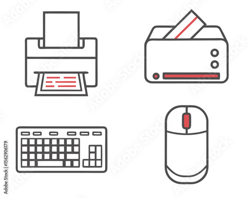 A collection of computer peripherals, including a printer, keyboard, mouse, and a document holder.