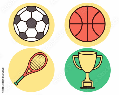 Four simple icons representing popular sports: soccer ball, basketball, tennis racket, and trophy.