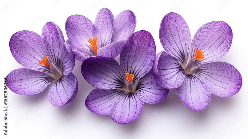 Obraz premium spring crocus flower heads isolated on bright white background, top-down flat lay floral arrangement