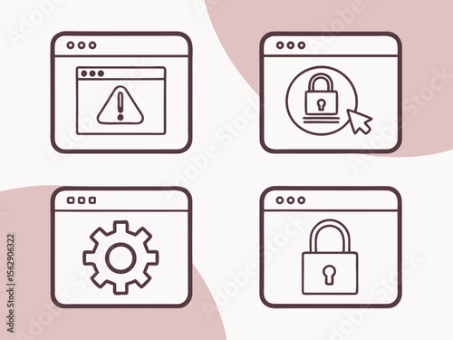 Four outlined windows displaying security icons: warning, padlock with cursor, gear, and padlock.