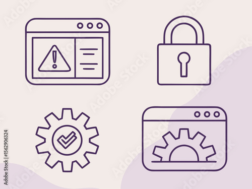 Simple line icons depicting web security and system maintenance.
