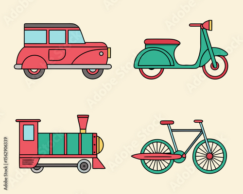 Vector illustration showcasing a red car, green scooter, train, and bicycle.