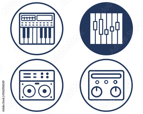 Four simple line art icons depicting audio equipment, including a keyboard, mixer, and audio controllers.