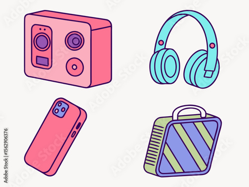 Illustration featuring a camera, headphones, phone, and a travel bag, all in a colorful style.