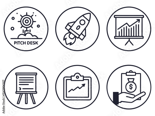 Simple line icons depicting business concepts like pitch decks, rocket launches, and financial growth.