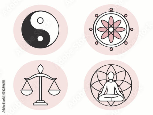 Spiritual symbols: yin yang, dharma wheel, scales of justice, and meditating figure within geometric mandala.