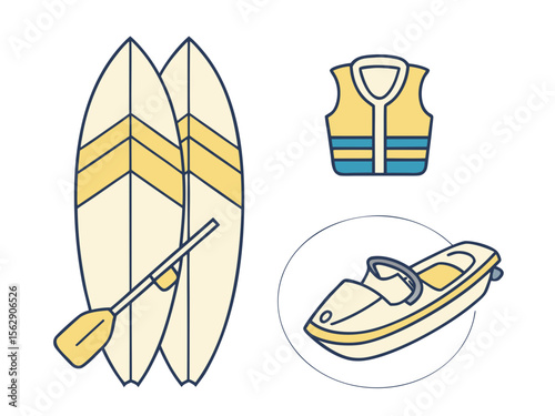 Illustration of two surfboards with paddle, life vest, and jet ski.