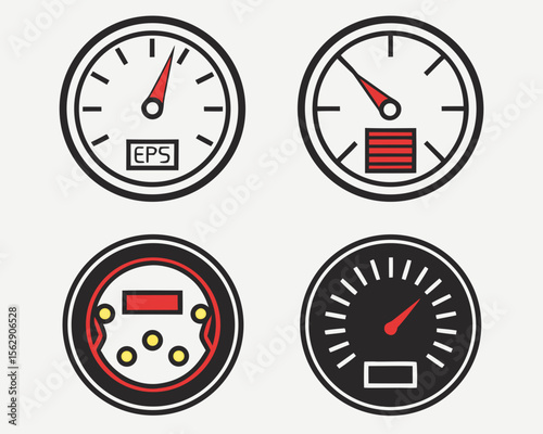 Four circular icons depicting various vehicle gauges, including speedometers and fuel gauges.