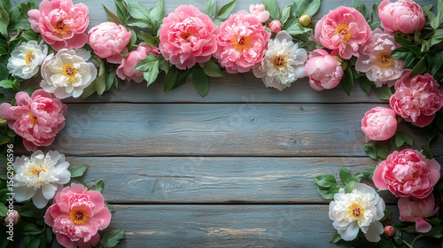 decorative floral banner with pink and white peonies on old grey wooden table, flat lay top view with empty space 