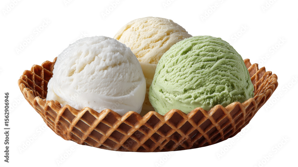 Fototapeta premium Ice cream scoops isolated on transparent background in waffle bowl with creamy texture