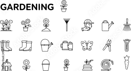 Gardening tools and icons in minimalist black and white style  