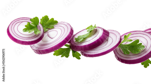 Sliced isolated red onion transparent background with fresh green parsley leaves arranged