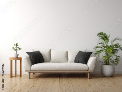 Minimalist living room with off-white sofa, wooden legs, dark grey cushions, light wood side table, potted plants, and light wood floors against a white wall