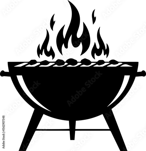 Barbecue grill with flames and skewers in silhouette style  