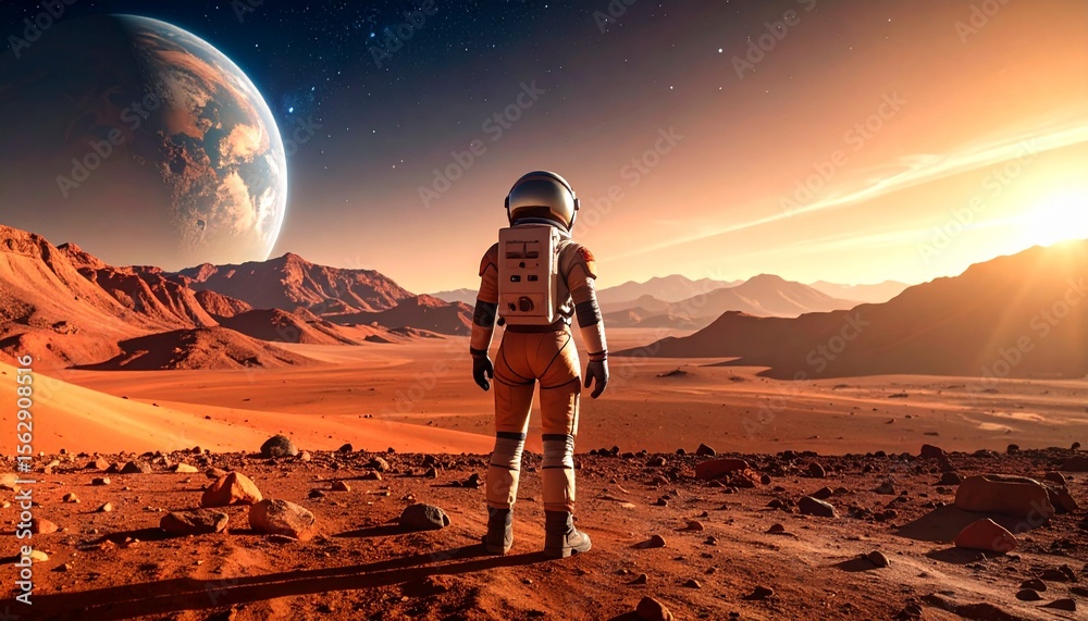 Fototapeta premium Astronaut on alien planet, gazing at a distant Earth-like world, under a vibrant sunset sky.