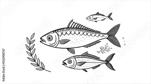 A collection of hand-drawn illustrations featuring Greek fish. Traditional blue fish symbols and icons. Vector art.