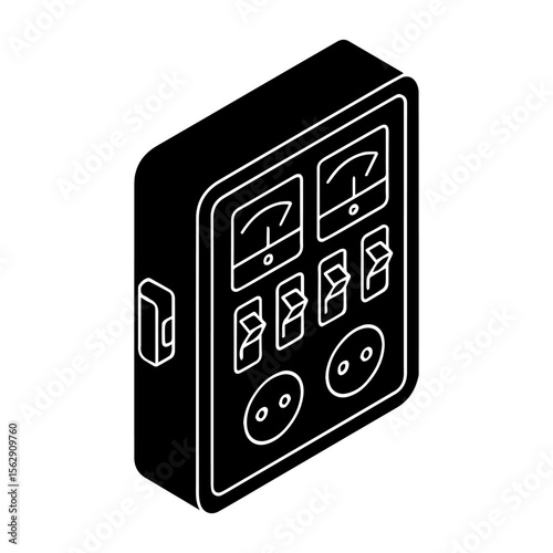 Switchboard Isometric view Silhouette. Electrical panel box with switches and meters vector illustration isometric design element isolated black
