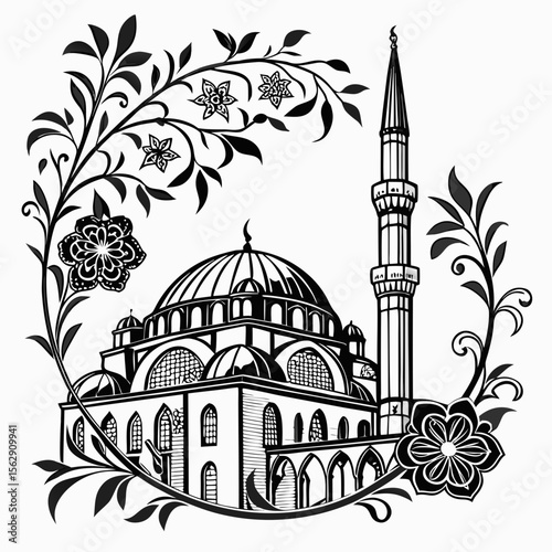 a black and white drawing of a mosque