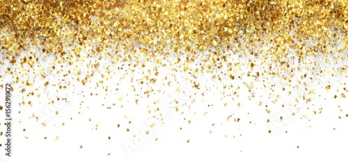 Dense gold glitter cascades down, creating a shimmering, celebratory effect against a stark white background