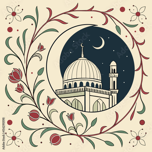 a white building with a dome and crescent moon in a floral frame