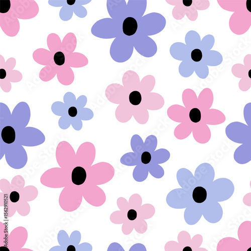 Seamless pattern with purple and pink flower. Cute hand drawn floral pattern for your fabric, summer background, wallpaper, backdrop, textile. Vector illustration