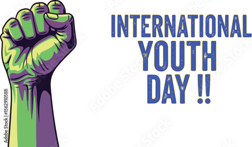 A green fist raised beside international youth day text on yellow