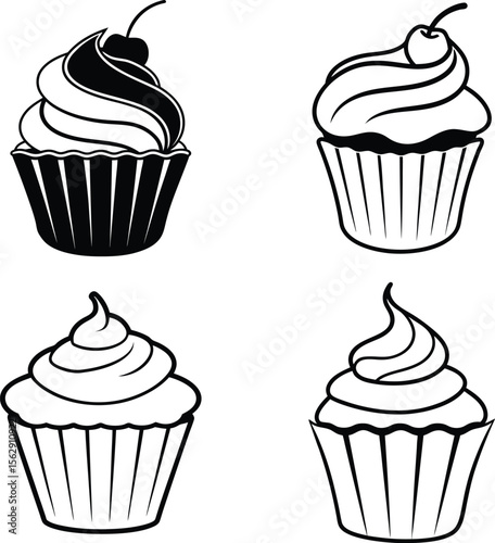Set of cupcakes and cakes with sweet desserts and birthday celebration illustrations