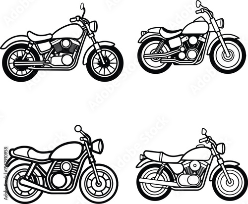 Set of motorcycles in vector style showcasing different types of bikes and designs
