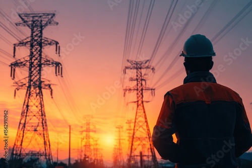 Worker watches sunset over power lines